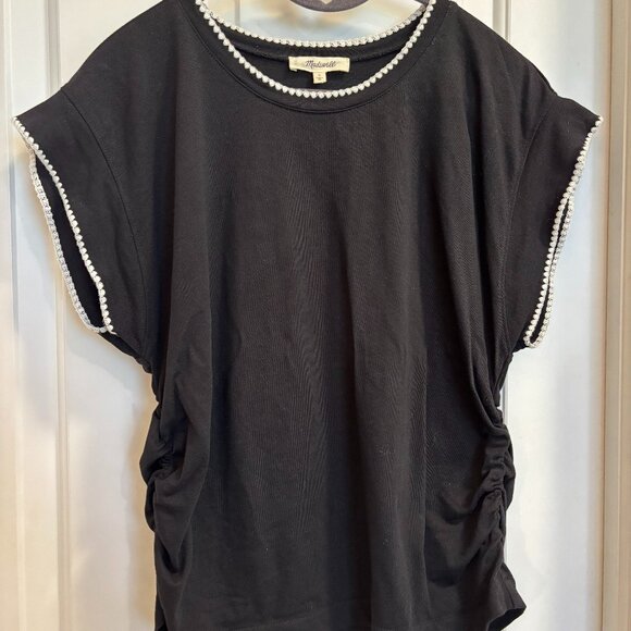 Madewell Tops - Madewell Black Pom Trim Ruched Sleeve Tee Top Women’s Size Large
